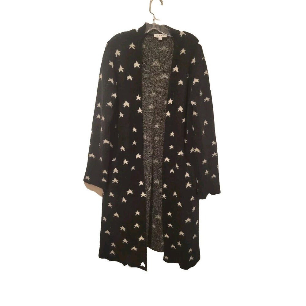THML Long Sleeve Open Duster Cardigan Sweater In Black W/White Stars Women's MED